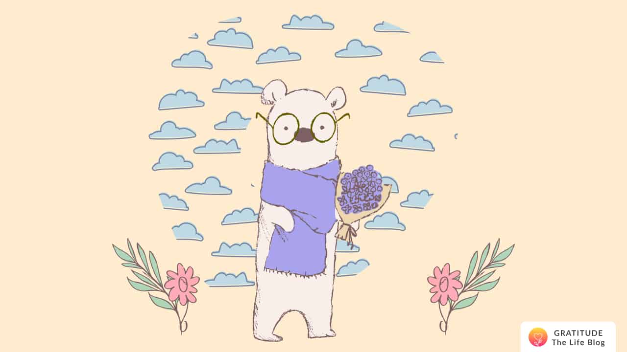 A bear holding a bouquet with small clouds around him