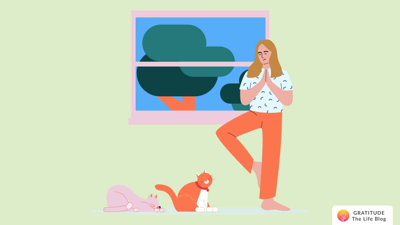 This is an image of a person standing and thinking positively next to their two cats