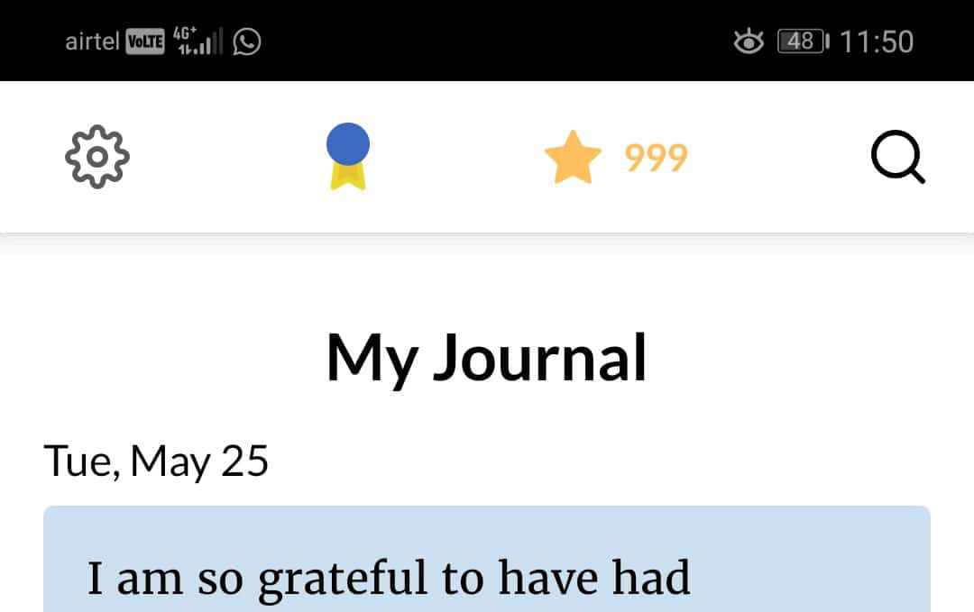 A mobile screenshot showing Jignesh's 999 days journal streak