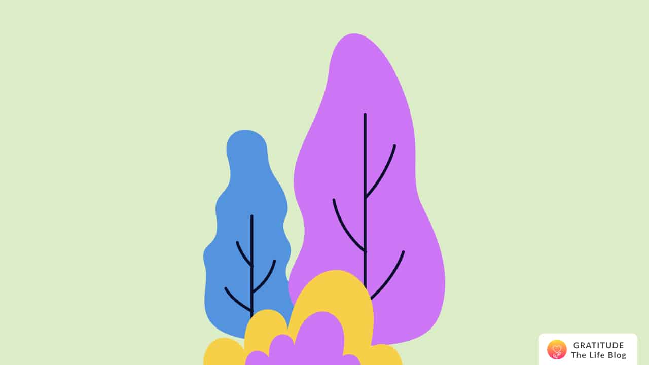 Illustration of two colourful trees behind bushes