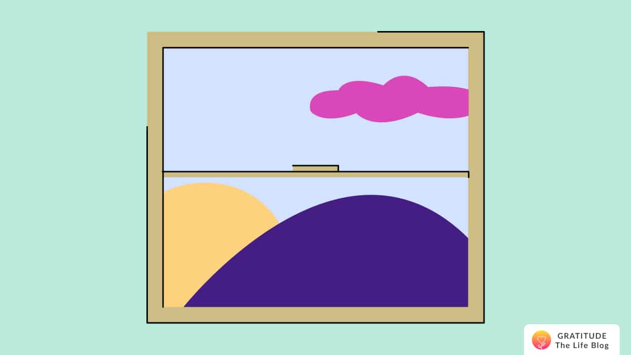 illustration of a window showing colourful outdoors