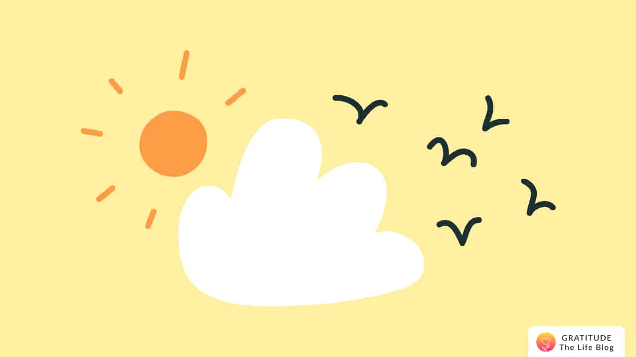Illustration of a an orange sun, white cloud, and three flying birds