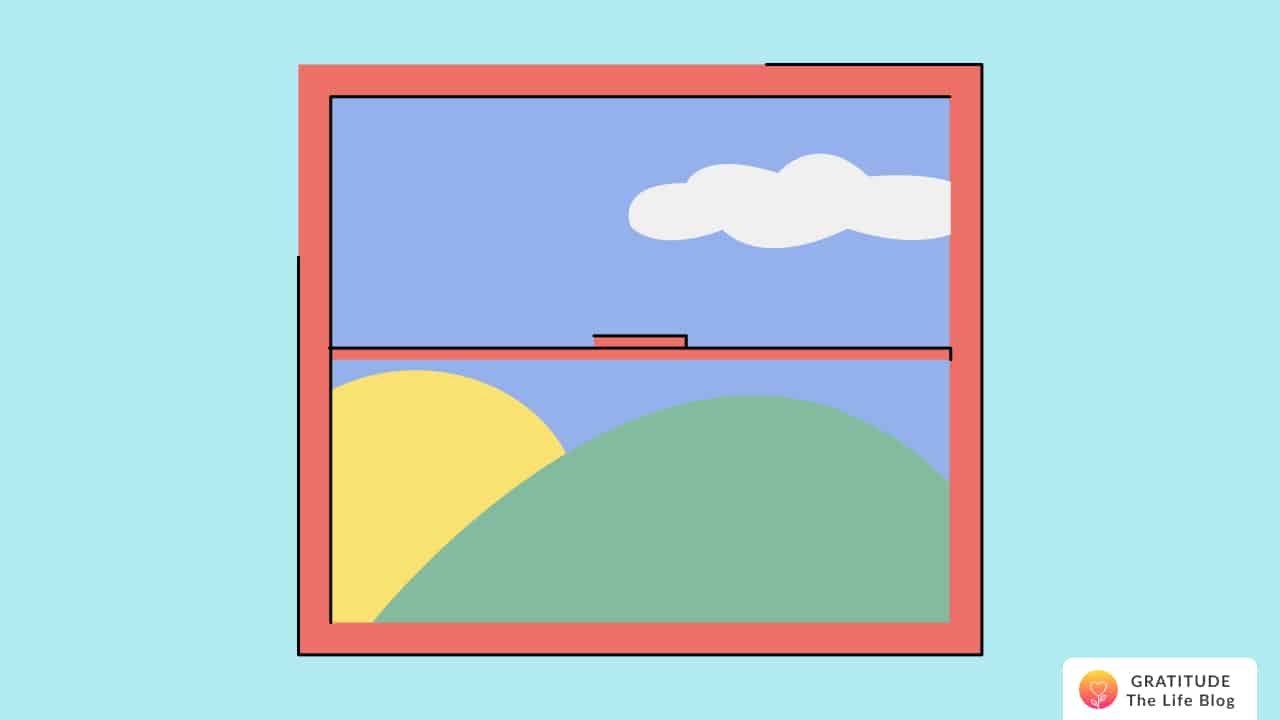 A window showing the sun, sky, and mountains