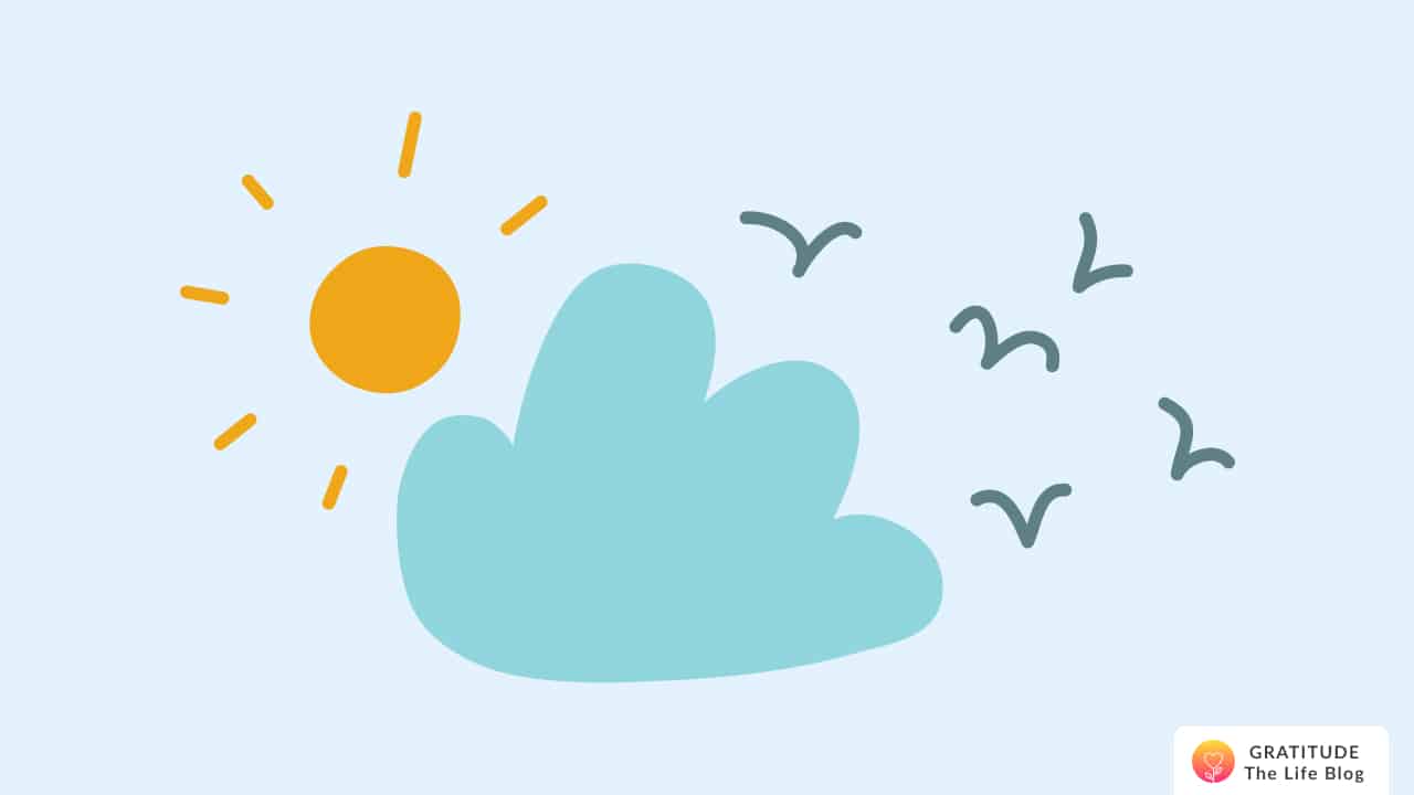 An illustration with the sun, clouds, and flying birds
