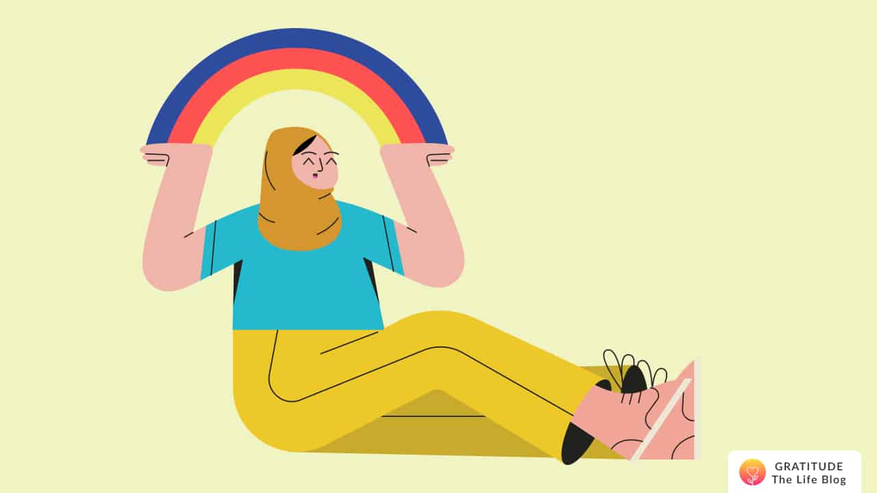 This is a happy woman sitting with a rainbow coming out of her hands