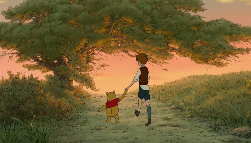 Winnie the Pooh walking with his friend, Christopher Robin