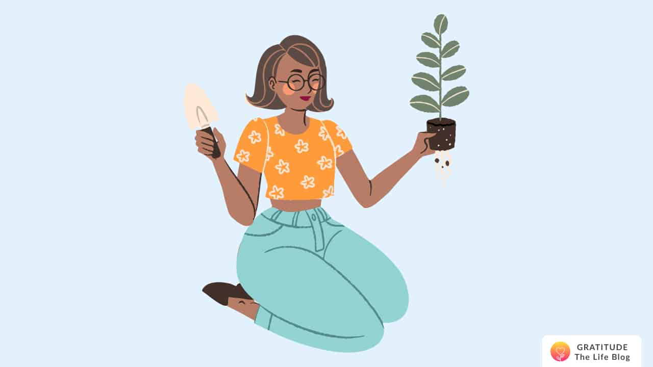 Illustration of a woman holding a plant in her hand