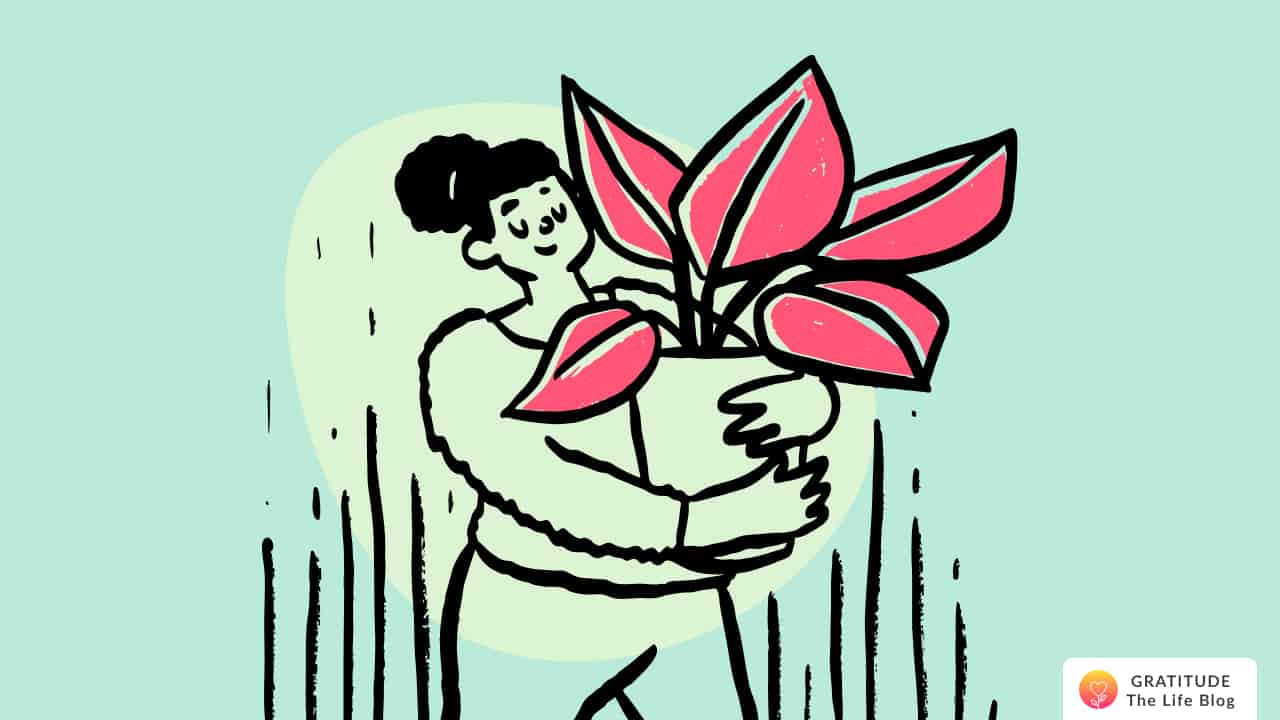 Illustration of a woman holding a big flower pot