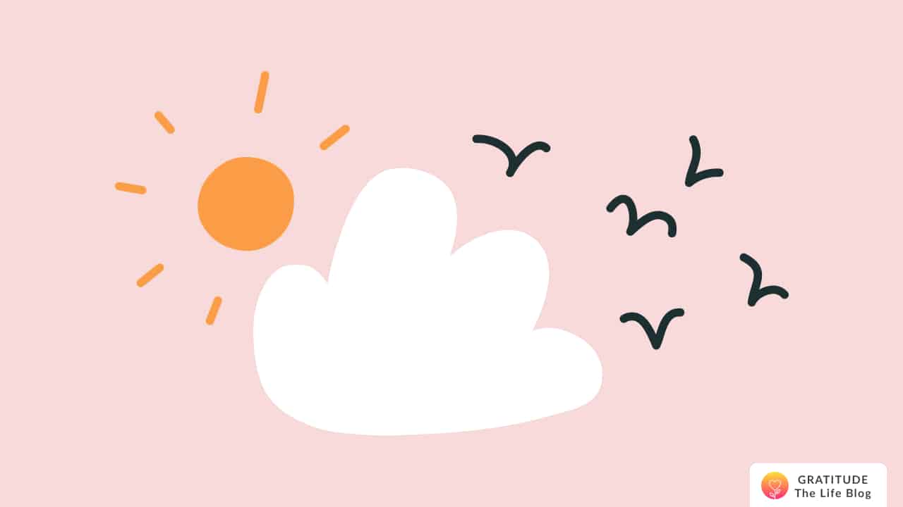 Illustration of an orange sun, cloud and birds