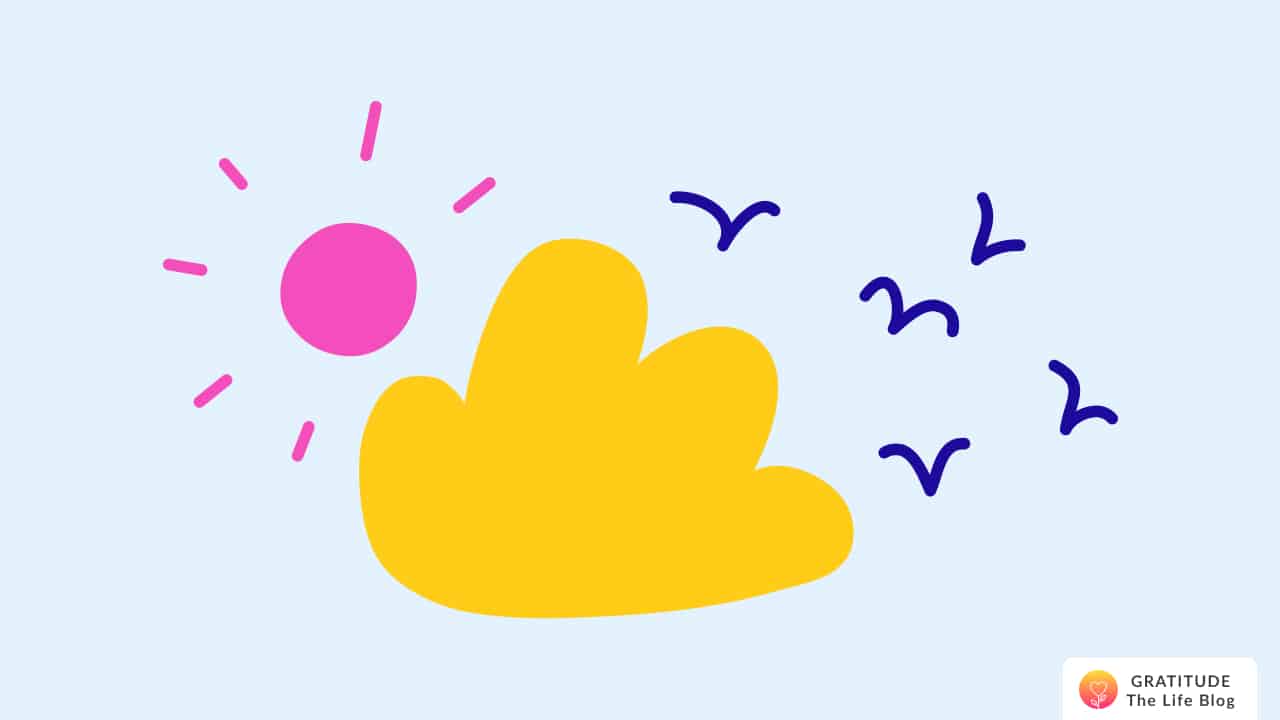 Illustration with yellow cloud, blue birds and pink sun