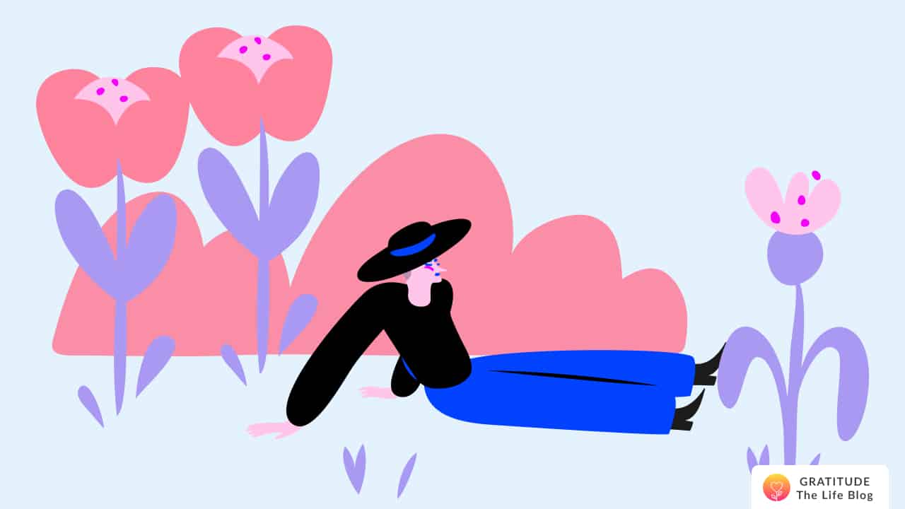 Illustration of a person sitting with flowers surrounding them