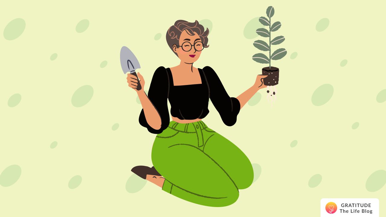 Image with illustration of a person with a plant and gardening tool in their hands