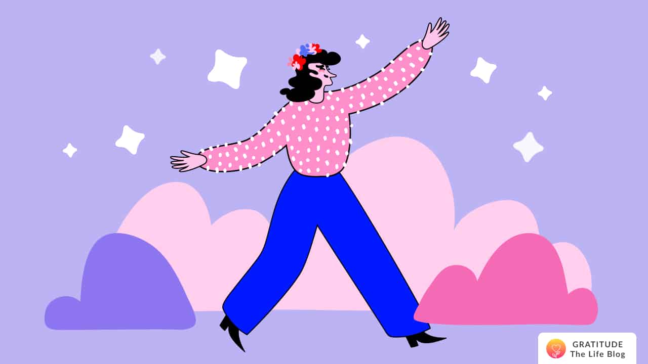 Image with illustration os a person walking among clouds and stars