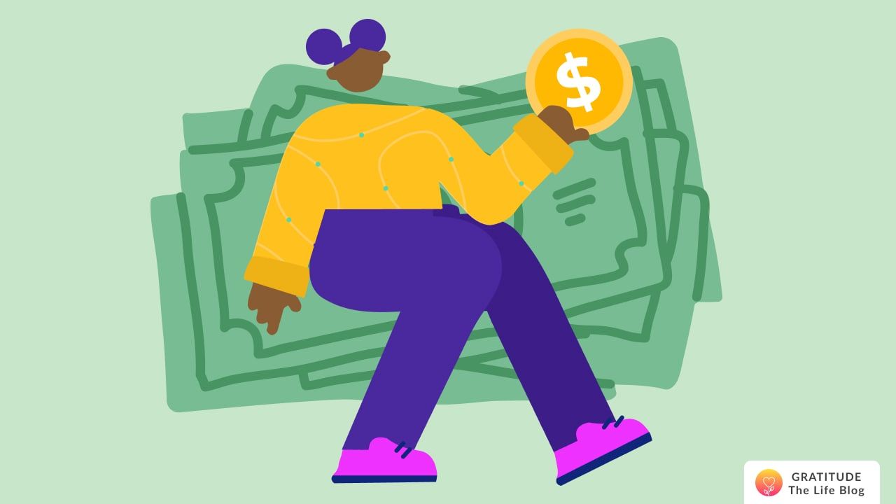 Illustration of a person holding a big dollar coin with a bunch of currency notes in the background