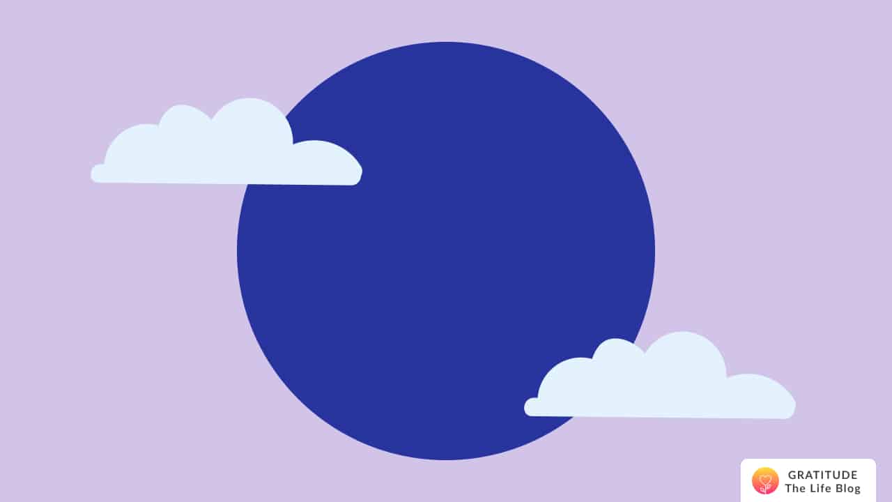 Image with illustration of a new moon with two clouds in front of it