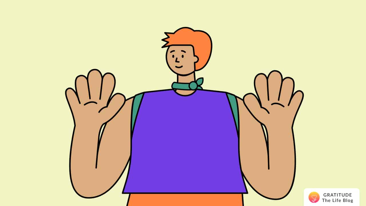 Image with illustration of a person with raised forearms, palms showing