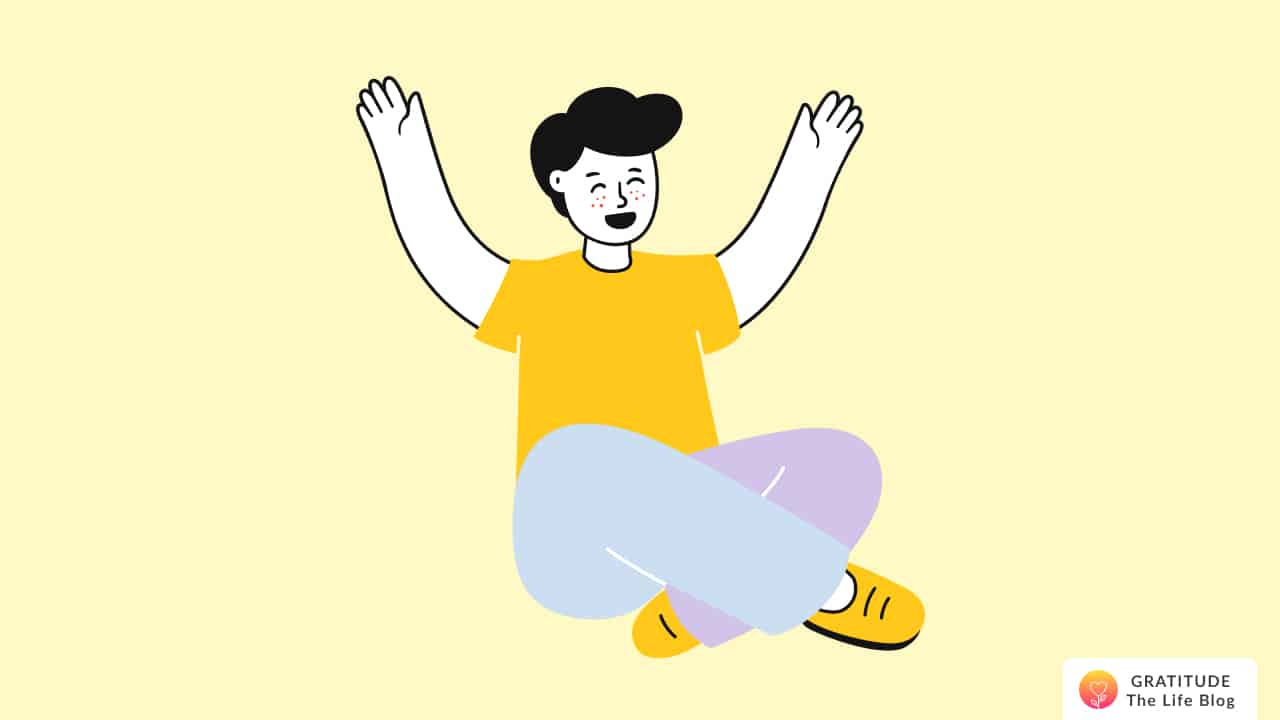 Image with illustration of a smiling person sitting with their arms raised