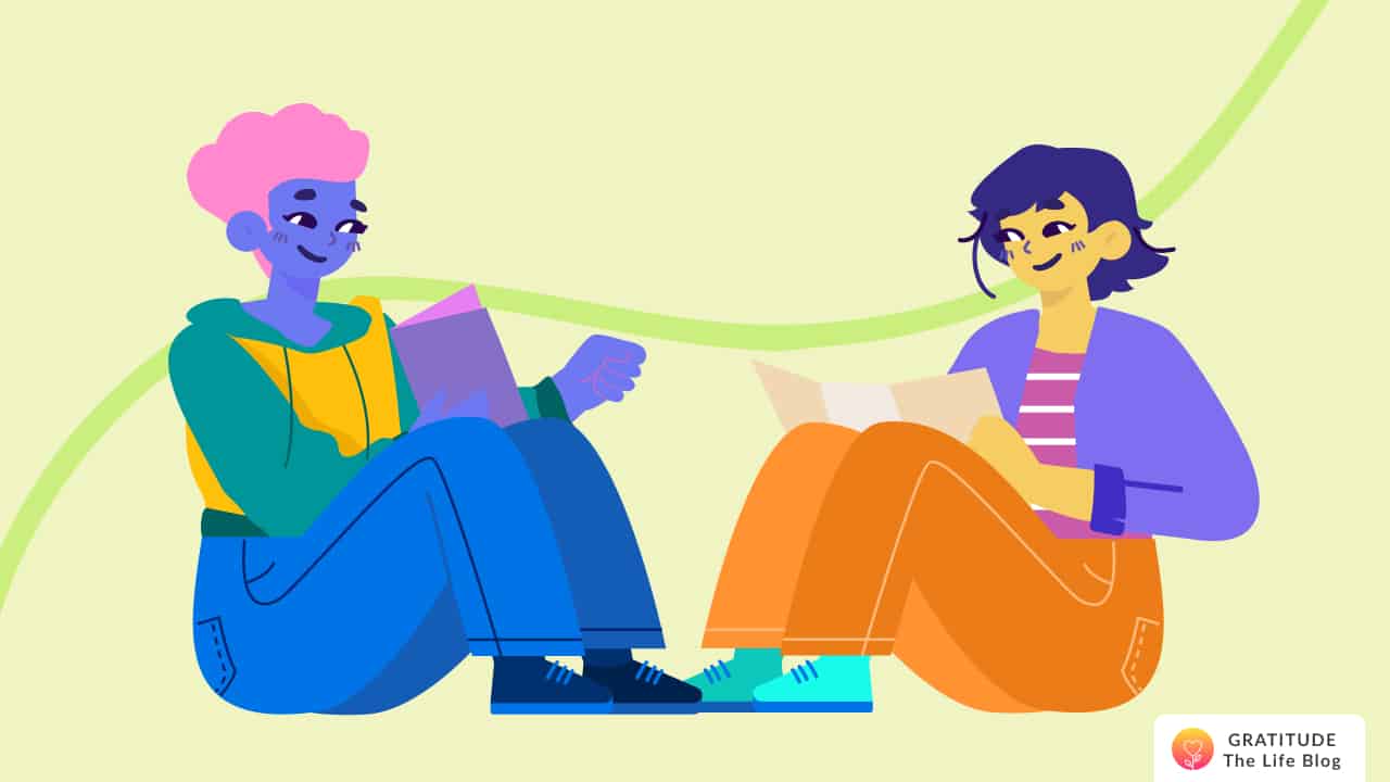 Image with illustration of two friends sitting together