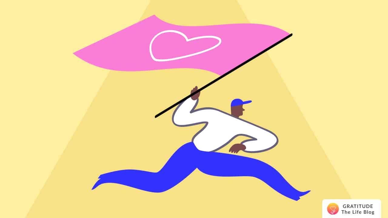 Image with illustration of a person carrying a pink flag with a heart