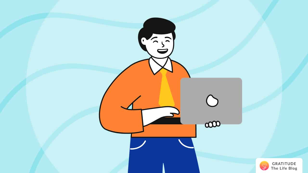 Image with illustration of a person holding their work laptop
