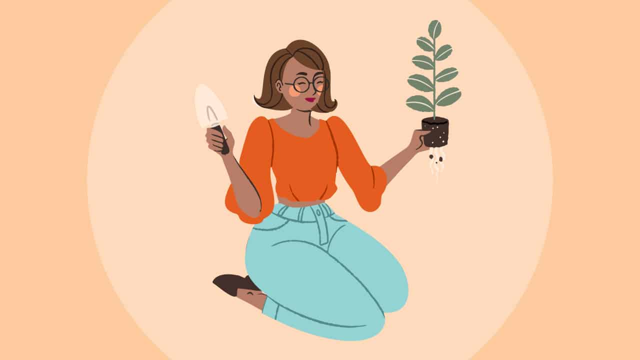 Image with illustration of a person holding a plant in their hand