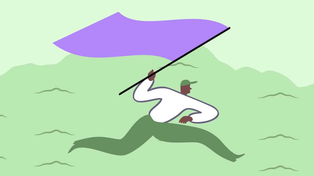 Image with illustration of a person moving forward with a flag in their hand and mountains in the background