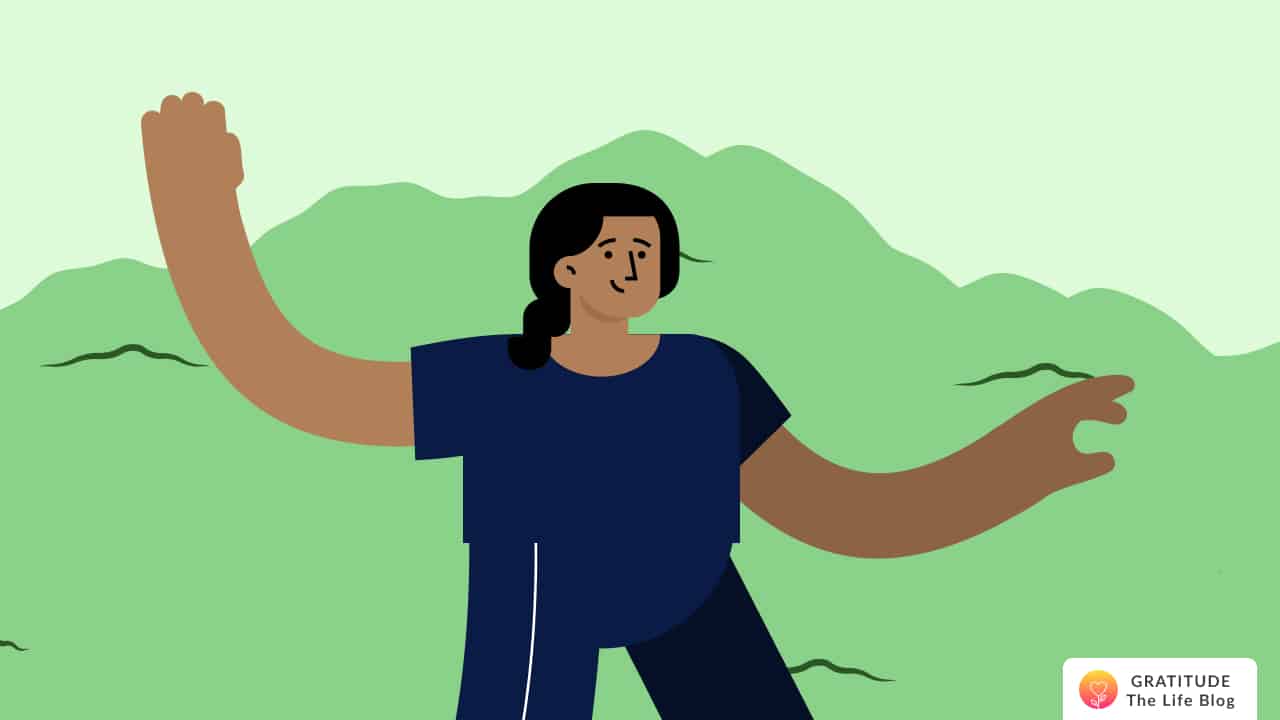Image with illustration of a person with green mountains in the back