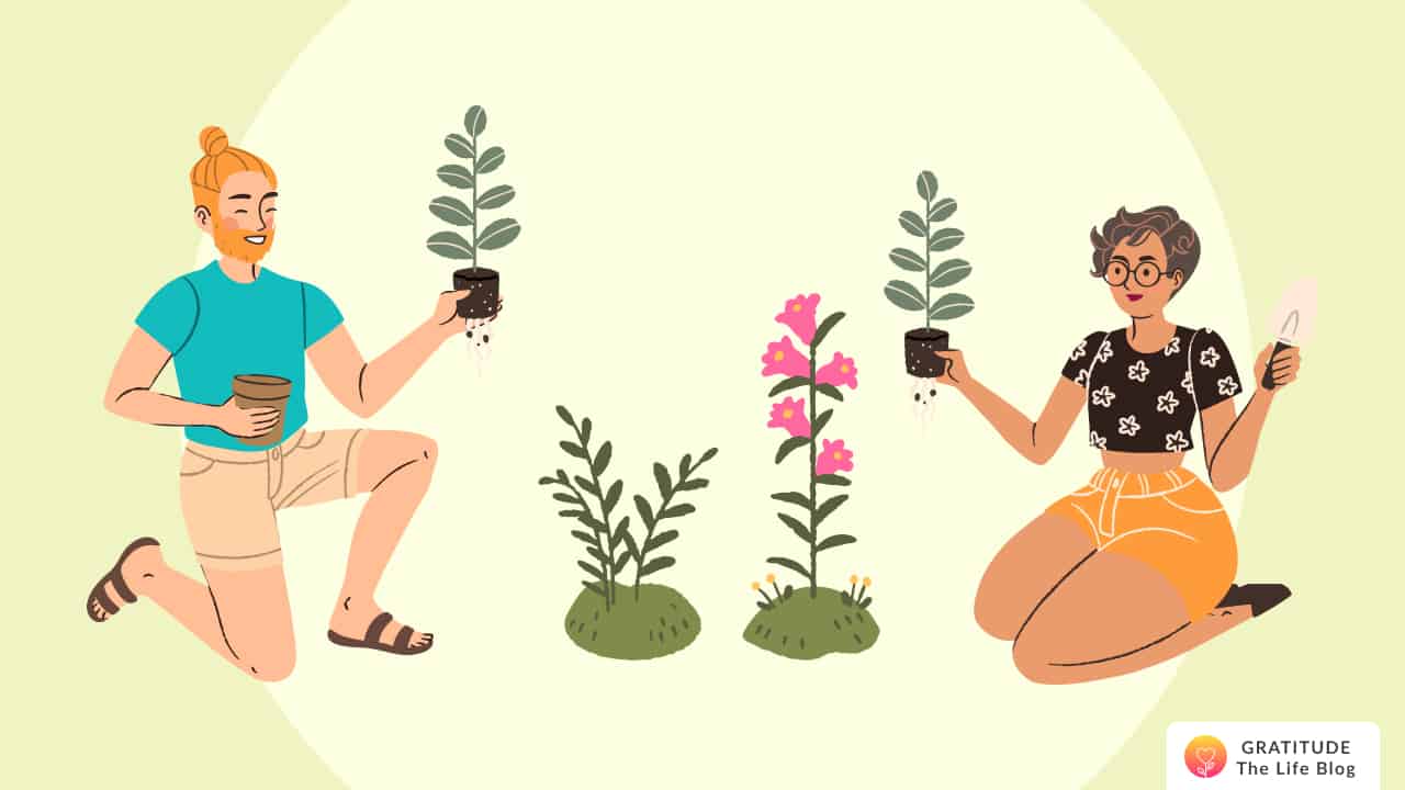 Image with illustration of two friends sowing plants with thankfulness
