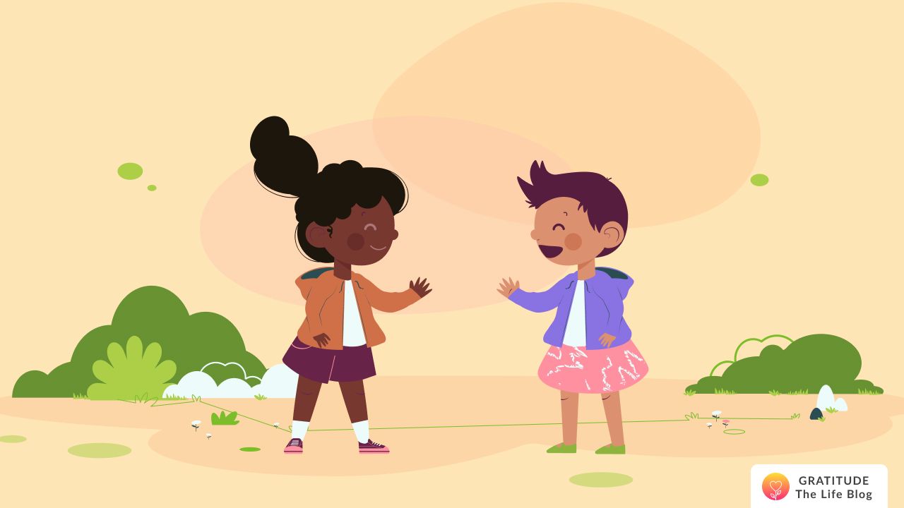 Image with illustration of two kids talking about their vision board