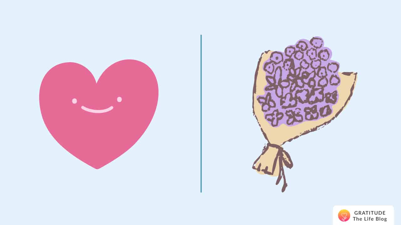 Image with illustration of a grateful heart next to a thank you bouquet
