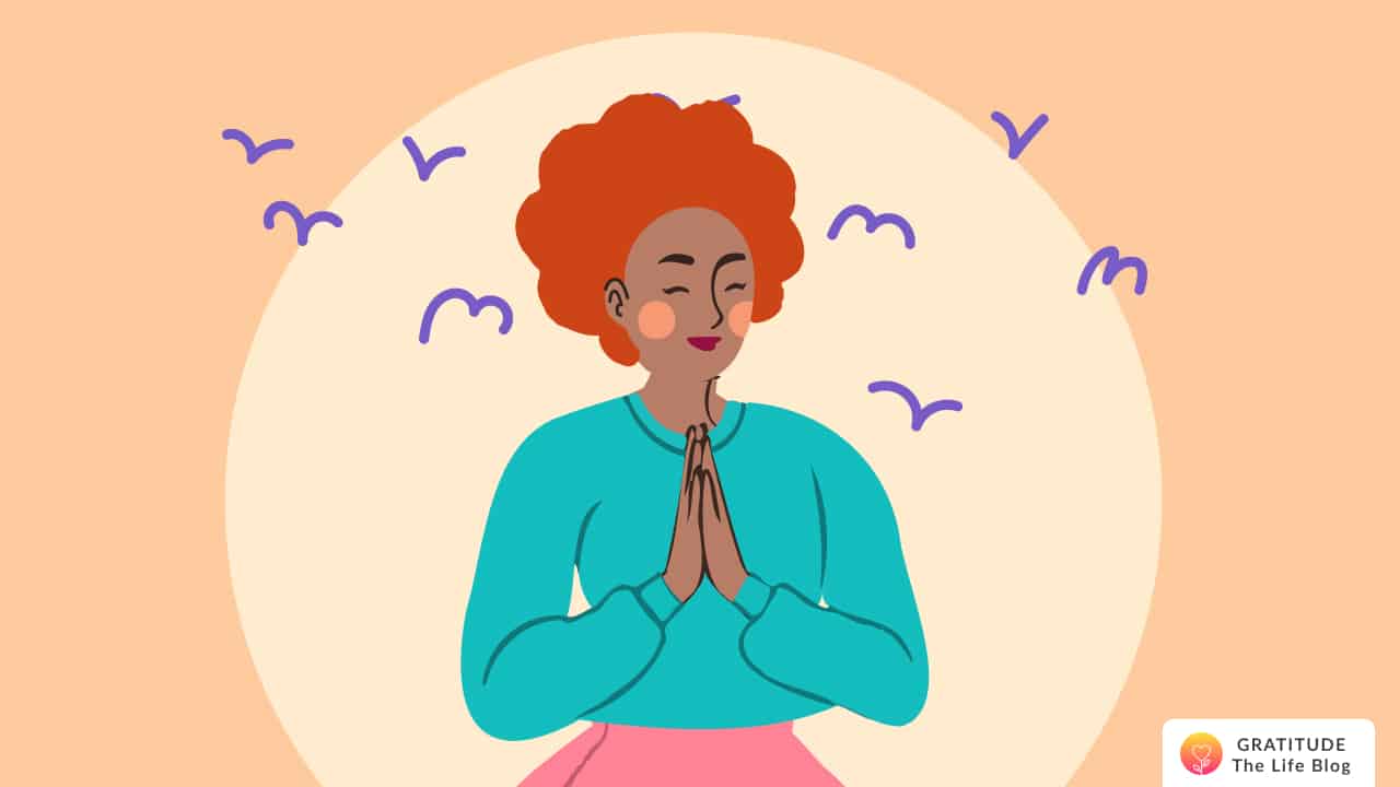 Image with illustration of a woman practicing the Gratitude Scan gratitude exercise