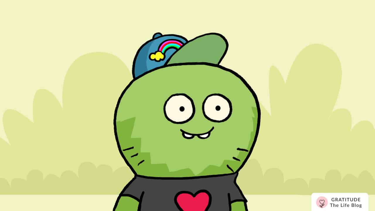 Image with illustration of a green-colored cartoon smiling