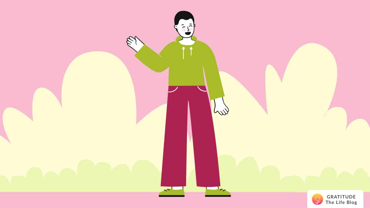 Image with illustration of a person waving their hand happily