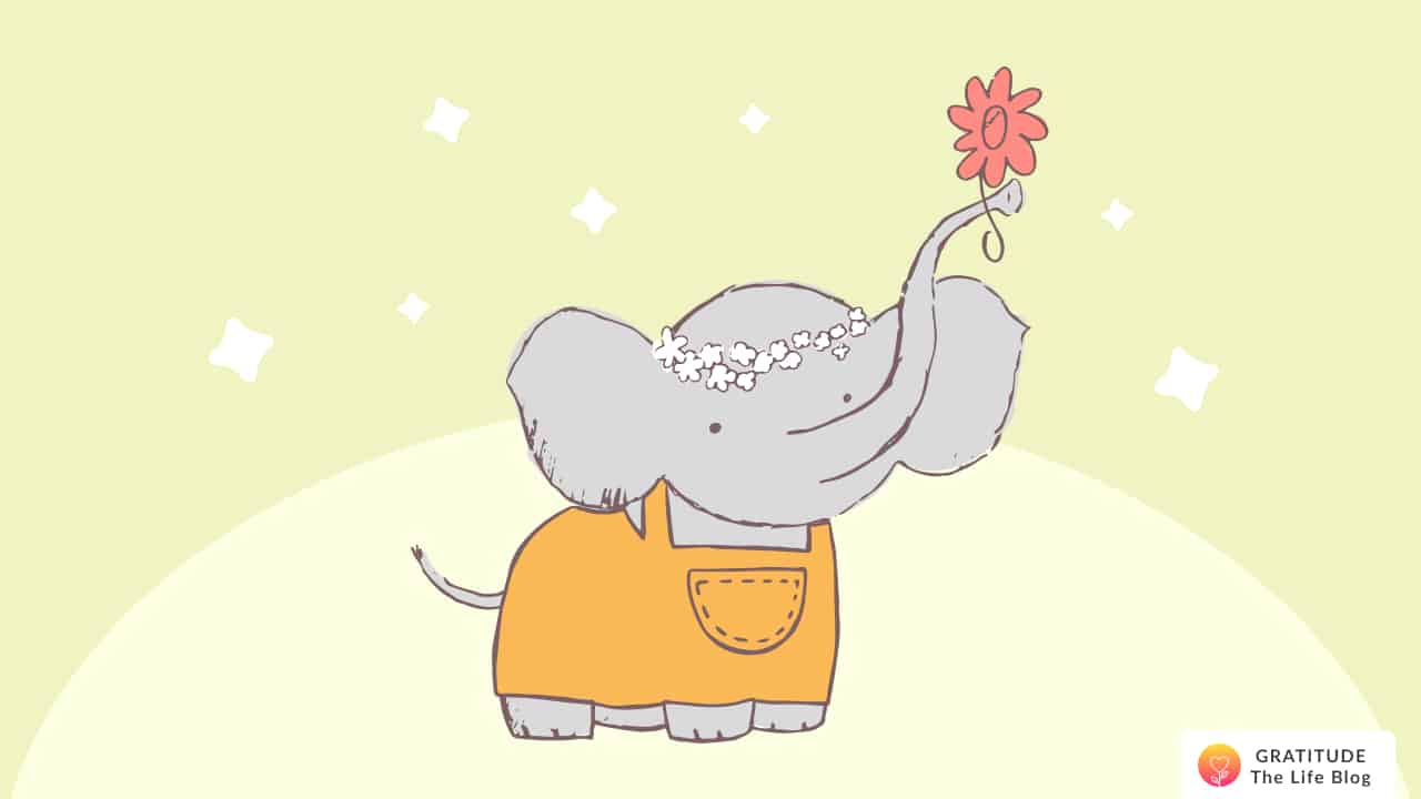 Image with illustration of an elephant holding a flower