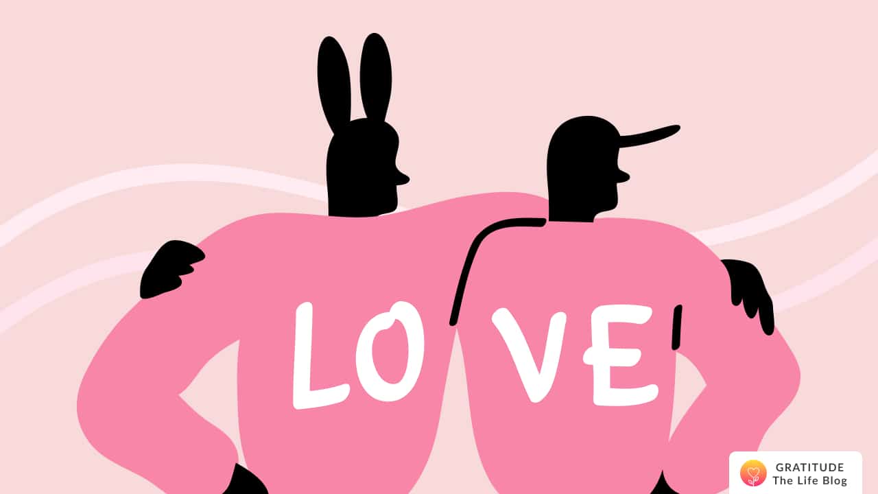 Image with illustration of two people together and "LOVE" written on their shirt