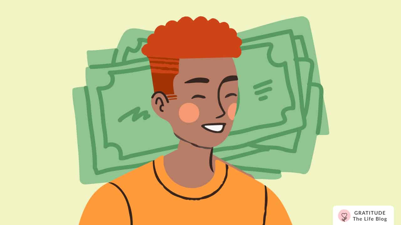 Image with illustration of a happy man with money behind him