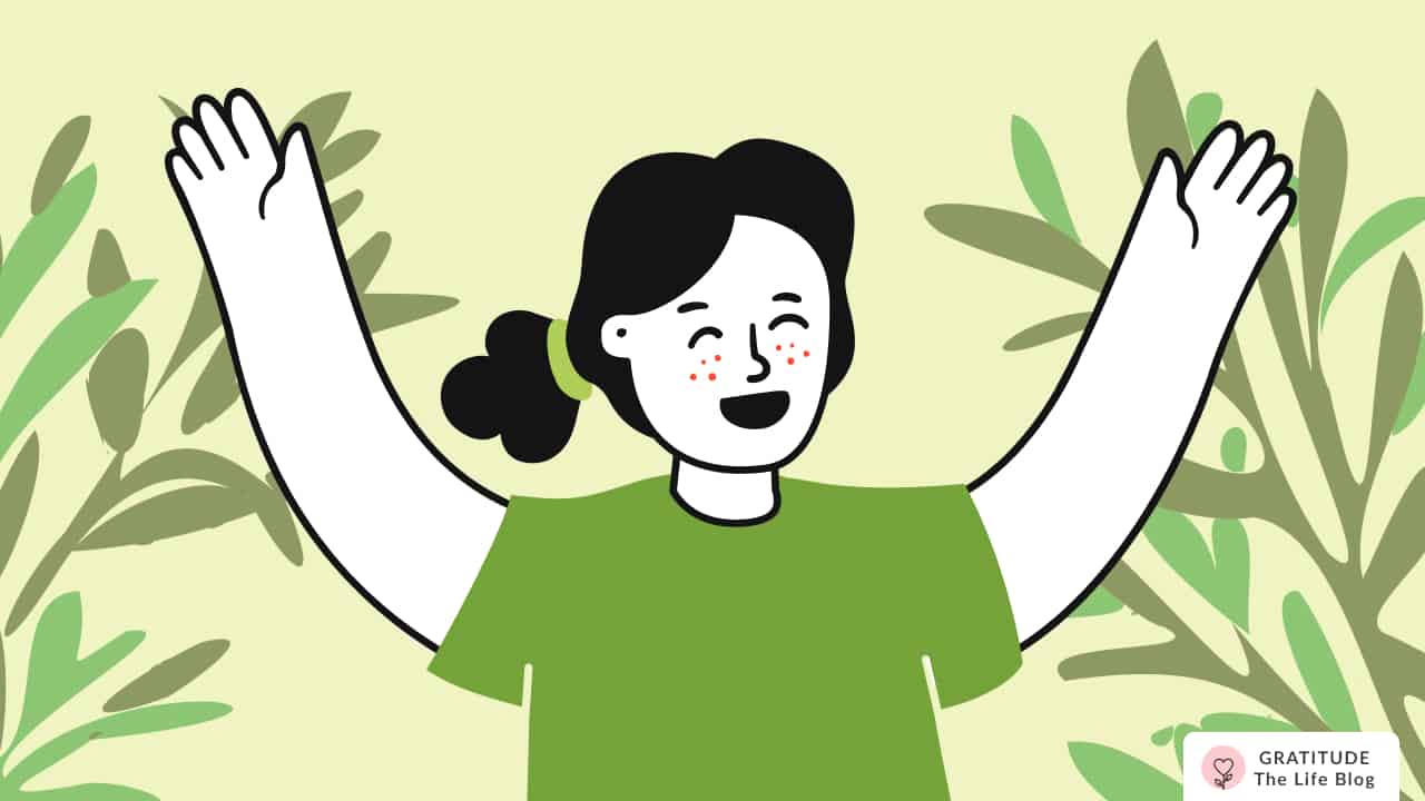 Image with illustration of a person laughing with their arms raised