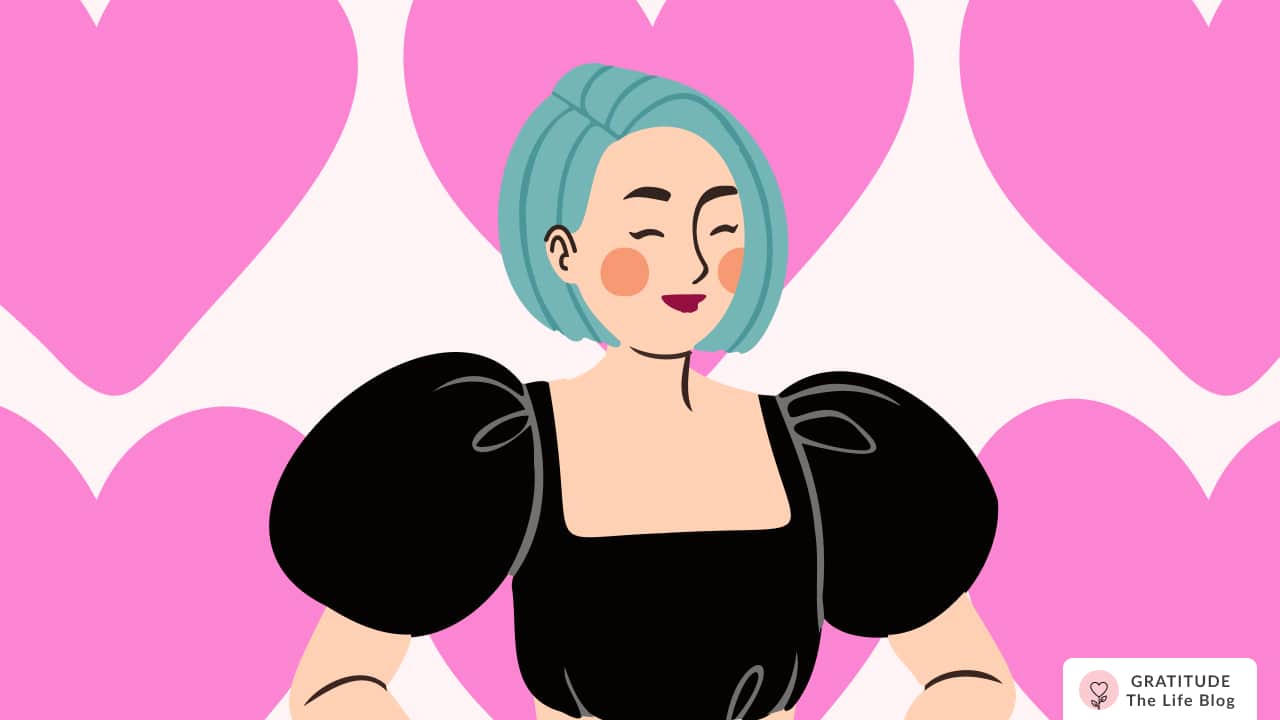 Image with illustration of a woman smiling with hearts in the back