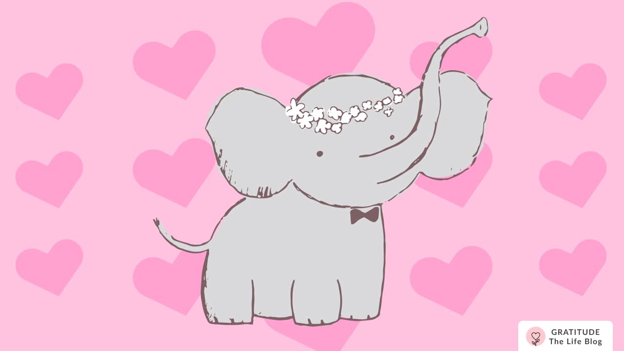 Image with illustration of a baby elephant wearing a flower crown