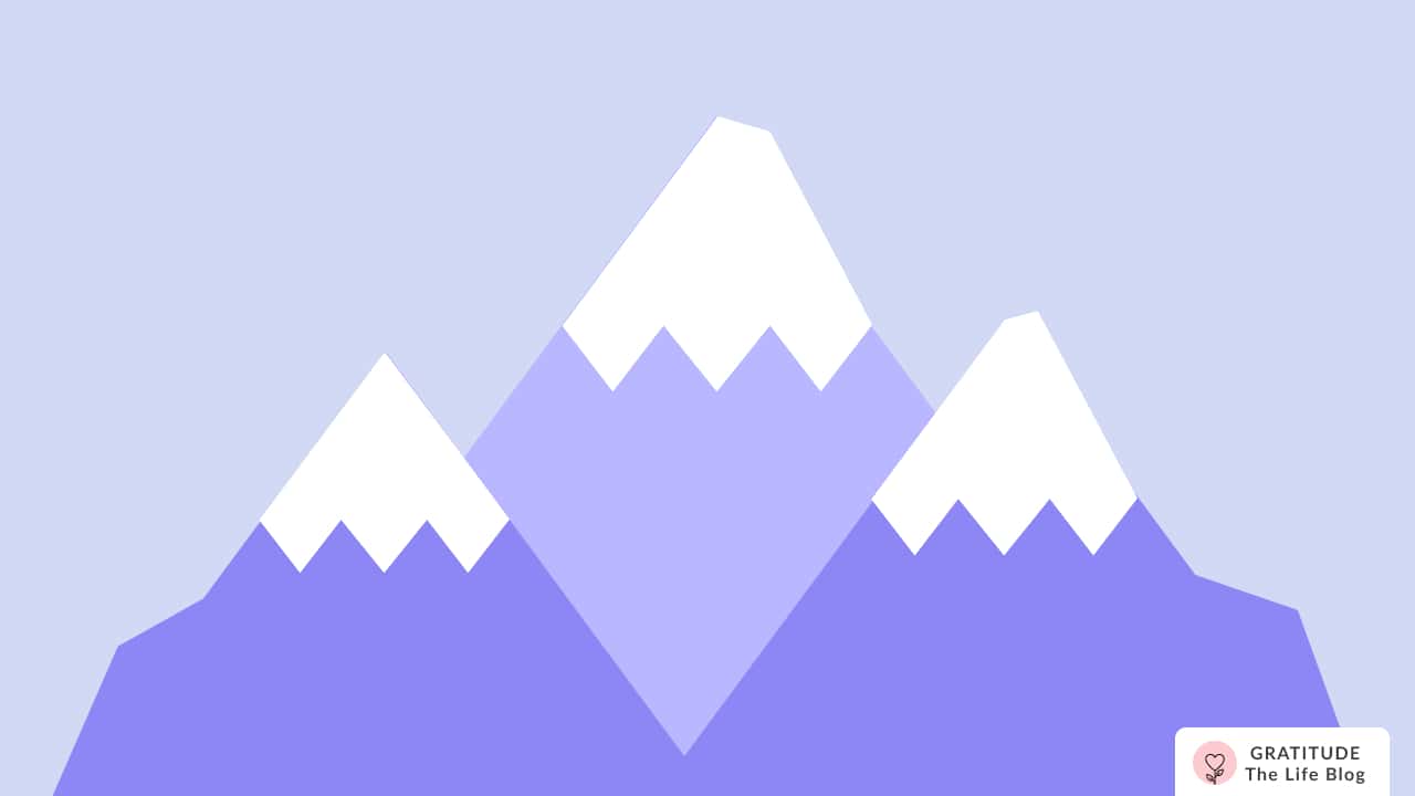 Image with illustration of three purple snow-topped mountains