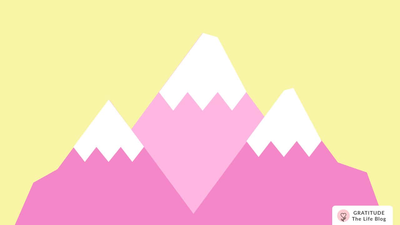 Image with illustration of three pink mountains