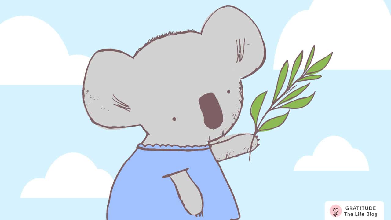 Image with illustration of a koala holding a branch with leaves