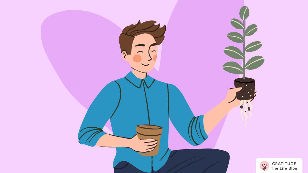 Image with illustration of a man holding a pot on one hand and a plant in another