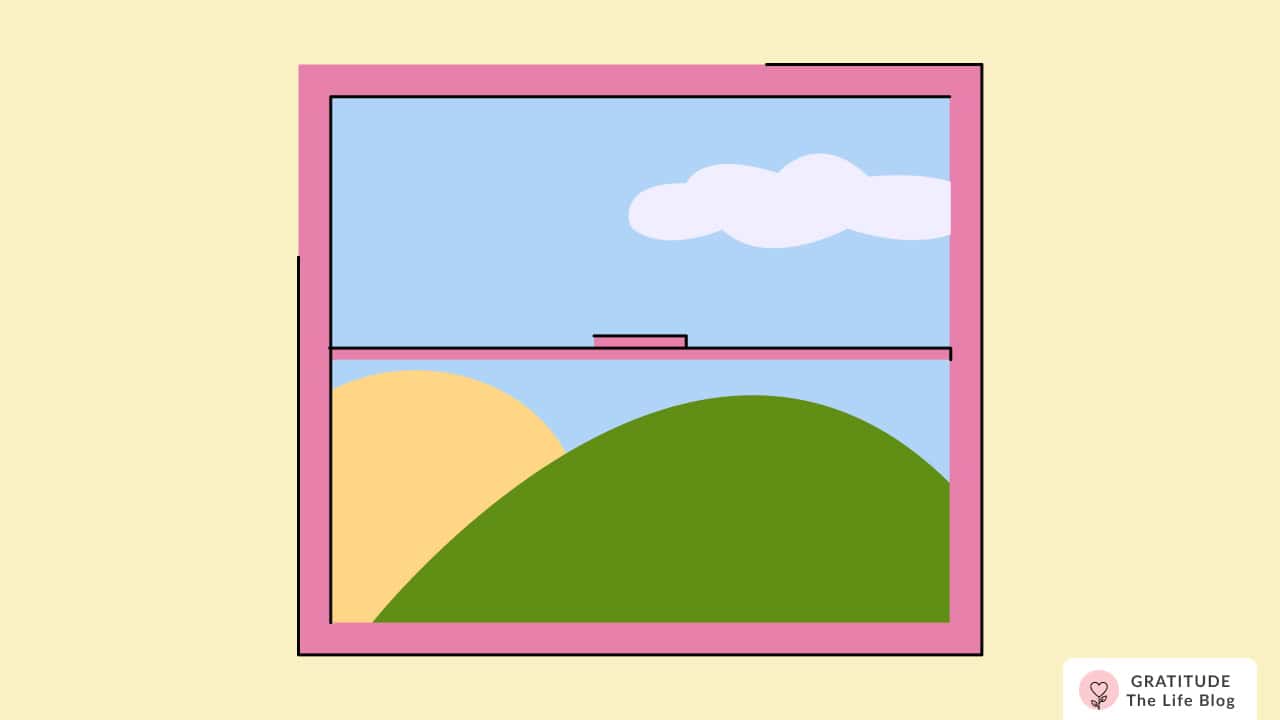 Image with illustration of a landscape showing from a window 