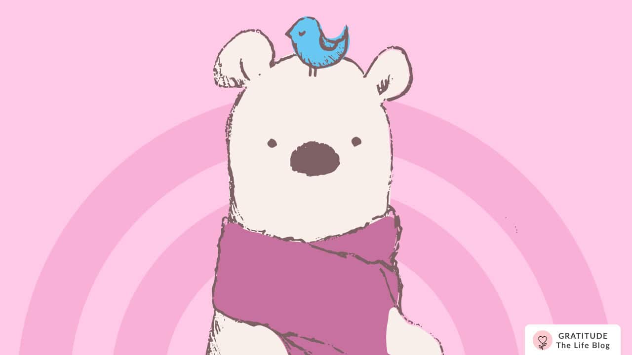 Image with illustration of a bear with a little bird perched on his head